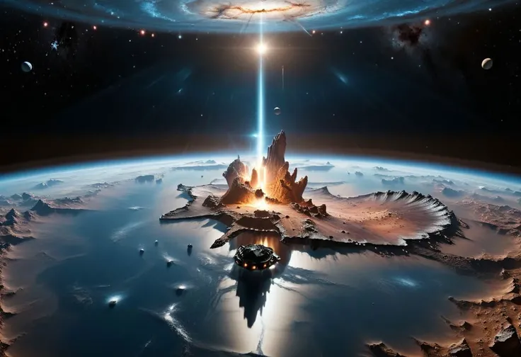hyperrealistic photo of another planet surface, spaceship started from black water lake, pillars of creation, stars, Milky Way, galaxy, reflections, black obsidian mountains, award winning photo, realism, rays of light, dark clouds,  black sky, shadows, maximum details, 16k