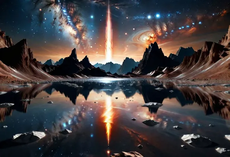 hyperrealistic photo of Jupiter chromium pillars landscape, spaceship started from black water lake, pillars of creation, stars, Milky Way, galaxy, reflections, black obsidian mountains, award winning photo, realism, rays of light, dark clouds,  black sky, shadows, maximum details, 16k