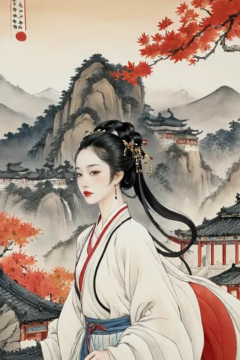 (chinese ink painting, watercolor, Ink figure drawing , gradient flat:1.2),art by Qi Baishi,Gold edge lines outline, (1girl,chinese clothes,hanfu, blush, red lips),detailed,Chinese color ink painting,Beautiful gradient colors, ancient chinese architecture, Mountain, flower,fantasy atmosphere,(intricate details, hyperdetailed),(guofeng),Chinese style,official art,extremely detailed CG unity 8k wallpaper, by james jean, ross tran, takato yamamoto,