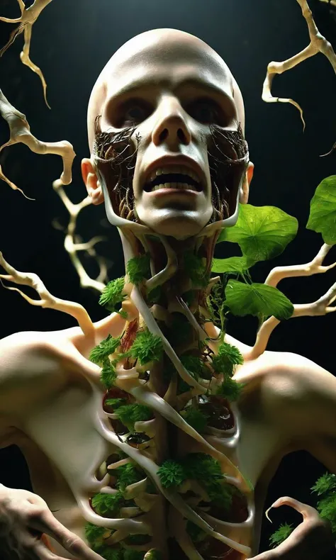 Photo,photorealistic,Cinematic photography,Horror,Surreal portrait,A head with an endless void::3,Infinite rotating metal saw teeth inside the void,Body of a man-eating plant,Mouth filled with sharp teeth,Body composed of countless repulsive worms,Dense eyes covering the face,body,and arms,Sunken skin with exposed entrails,Inverted inside and out::3,Plant growth between split arms,Flowers on the plant bearing the heads of a man and a woman,Grotesque,Disturbing,Claustrophobic,Twisted limbs::3,Otherworldly,Fear-inducing,Gore,Excessive details::3,Sharp shadows,Visceral,32K resolution,f/2.8 aperture,ISO 800,shutter speed 1/200,HDR.,