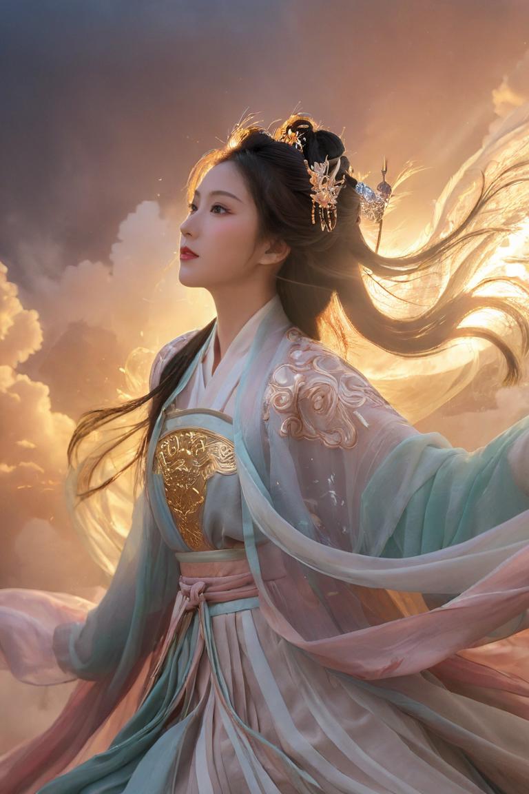 A woman in a white and blue dress is flying through the air - SeaArt AI