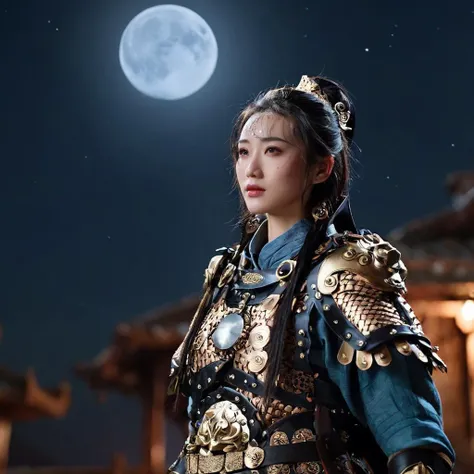 cinematic film still <lora:Qigeä¸å½ç²è(Chinese_armor)SDXL_v1.0:0.6>,a 20 year old chinese girl,Chinese_armor, realistic,solo, This girl is a killer with long hair, wearing a metal mask, crouching on the roof, holding a sword in her hand, and the background is a full moon night,detailed_eyes, shoulder_armor,helmet,(masterpiece:1.2), (best quality:1.2), perfect eyes, perfect face, perfect lighting, (8K),(perfect anatomy),(highres), . shallow depth of field, vignette, highly detailed, high budget, bokeh, cinemascope, moody, epic, gorgeous, film grain, grainy