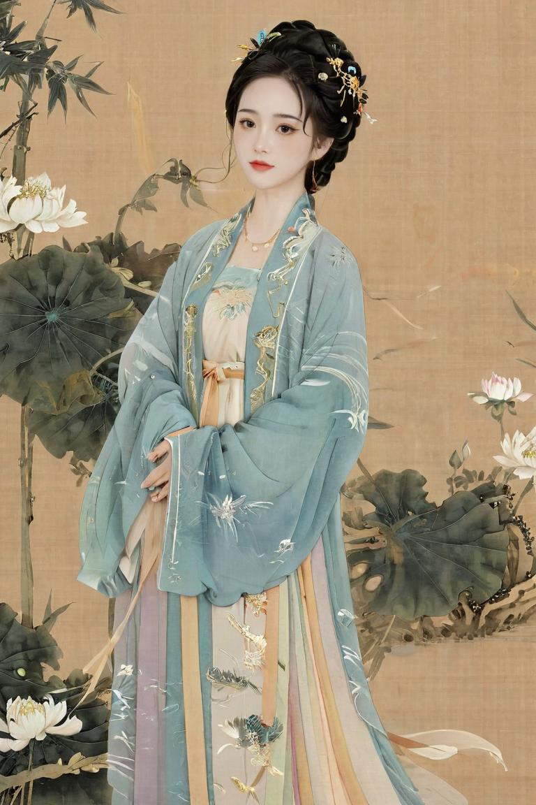 A close up of a woman in a blue dress standing near a tree - SeaArt AI