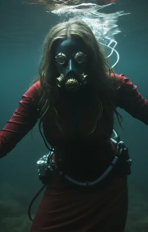 horror aesthetics, surreal photography BREAK extreme close-up shot of a beautiful British Virgin Islander (curvy and busty:2) female underwater archaeologist wearing scuba gear and mask who discovers an ancient temple dedicated to Cthulhu in the depths of the ocean. She has awakened something terrible that lurks in the dark waters. Now she faces the massive tentacled creature with eyes that glow with an evil red and its mouth is full of sharp teeth. Monster, Kthulu, tentacles, scuba gear and mask, air bubbles, two tone lighting, dim lit, foggy, muted colors, hazy, vintage, analog style