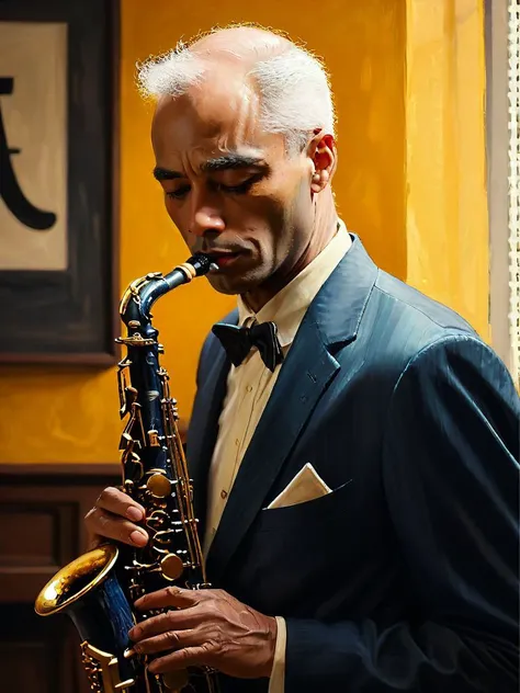 ((masterpiece)), ((best quality)), 8k, high detailed, ultra-detailed,fenliexl,Oil on canvas, half-body portrait of a jazz musician, deep in emotion, playing a saxophone, soft lighting highlights the sweat on their brow, intimate club setting, smoky atmosphere, close-up on the detailed hands and instrument, vintage::3 feel, warm color palette. In the style of Edward Hopper.<lora:XSfenlie:1>