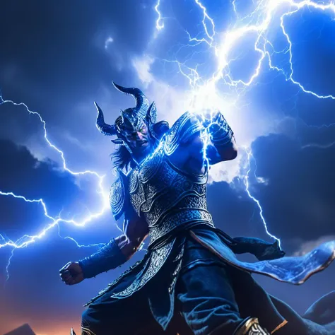 realistic and detailed energy spell in the hand of a strong warrior fighting a demon, god posture, realistic style, infinite ultra high definition image quality and rendering, infinite image detail, infinite realistic render, infinite realistic lightning