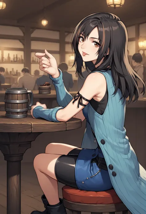 anime girl sitting at a table with a beer glass in her hand