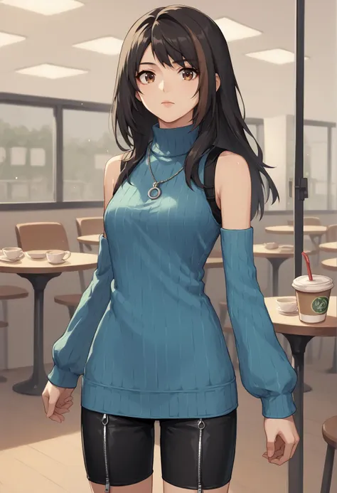 1girl, solo, long hair, Two-Tone Hair, black hair, streaked hair, brown hair, brown eyes, necklace, jewelry, blue sweater, turntleneck, bare shoulder, detached sleeves, bike shorts, zipper, indoors, cafe, cowboy shot <lora:Rinoa_XL:1>, score_9, score_8_up, score_7_up, score_6_up, score_5_up, score_4_up, BREAK source_anime, masterpiece