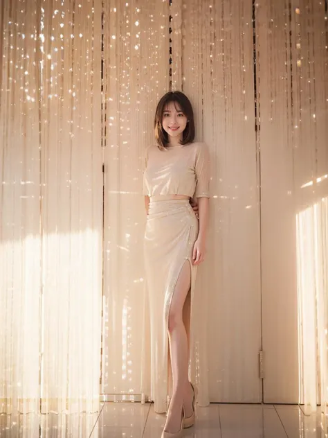 Best Quality, Very High Resolution, (Realistic:1.4), (Fine Duplicate:1.4), facial details, fine eyes, (brown hair), Casual Dresses, Skirts, Buzz cut, Full Length, 1girl, smile, Shaggy hair, from above,