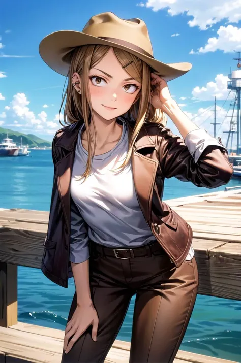 (lighthouse, gorgeous view)
(cowboy shot), sfw, bleach style, (masterpiece), (best quality:1.0), (ultra highres:1.0), detailed eyes, detailed clothing texture, beautiful face, Kuvira holding bag, (camo coat), black necklace, midriff, jean-shorts
(blue-arrow forehead tattoo)
<lora:Jinora_TLOK_V2:0.4>, <lora:bleach style:0.8>