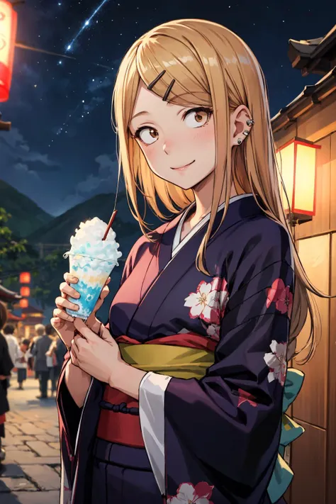 masterpiece,best quality,highres,ultra-detailed,bbsaya,sanpaku,long hair,parted bangs,hairclip,ear piercing,small breasts,<lora:endou_saya:0.8>,  kimono, holding, shaved ice, outdoors, night, starry sky, summer festival, little smile