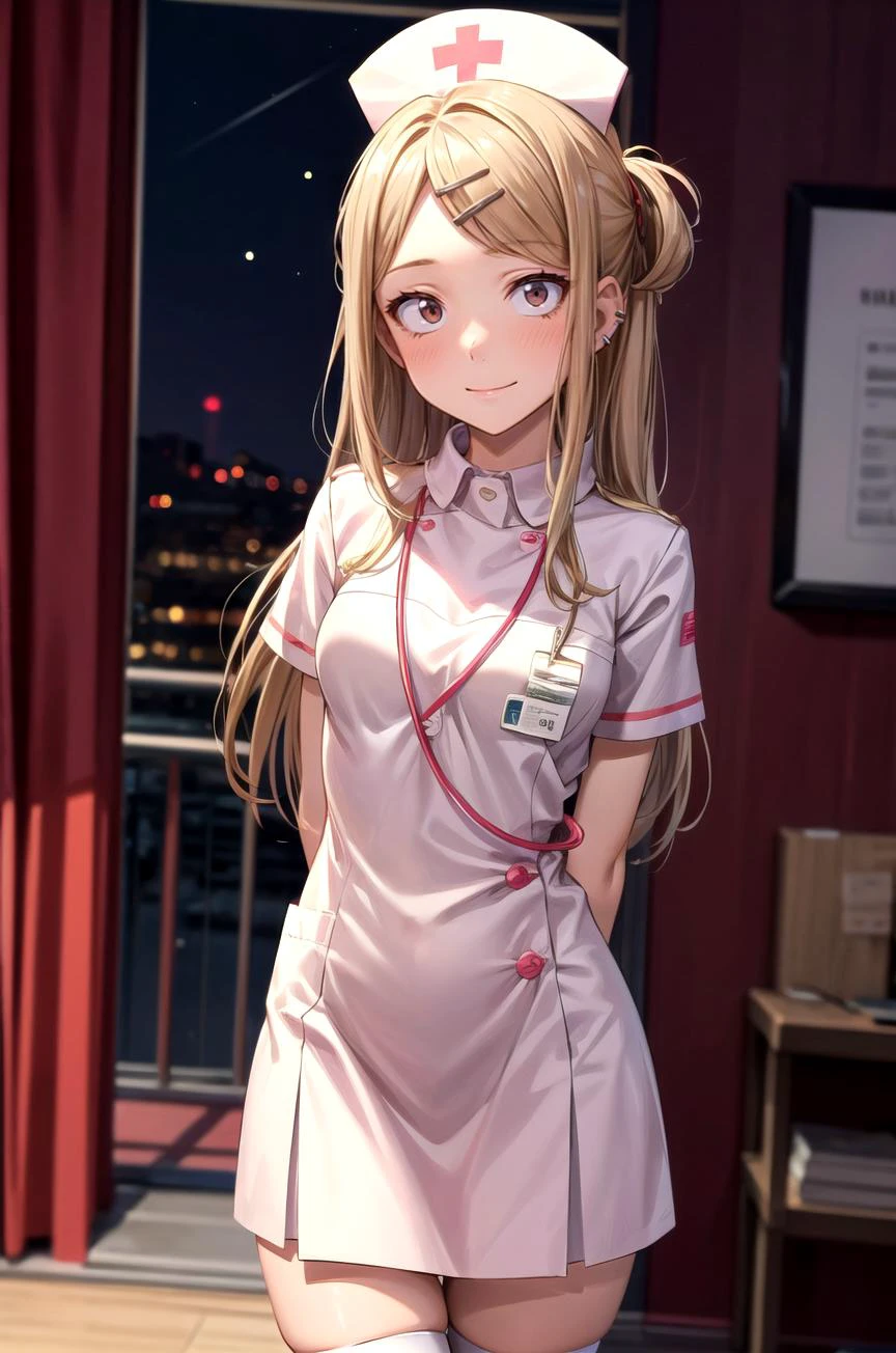 (masterpiece, best quality, detailed), 1girl, solo, looking at viewer, aasaya, sanpaku, long hair, parted bangs, hairclip, ear piercing, small breasts,
nurse, nurse uniform, white thighhighs, nurse cap, id card, white dress, <lora:pnkr2:0.5>, pnkr, indoors, pink theme, purple theme, red theme, night, pink lighting, neon lights, cinematic lighting, arms behind back, smile, closed mouth, blush