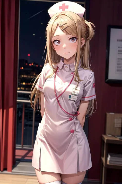 (masterpiece, best quality, detailed), 1girl, solo, looking at viewer, aasaya, sanpaku, long hair, parted bangs, hairclip, ear piercing, small breasts,
nurse, nurse uniform, white thighhighs, nurse cap, id card, white dress, <lora:pnkr2:0.5>, pnkr, indoors, pink theme, purple theme, red theme, night, pink lighting, neon lights, cinematic lighting, arms behind back, smile, closed mouth, blush