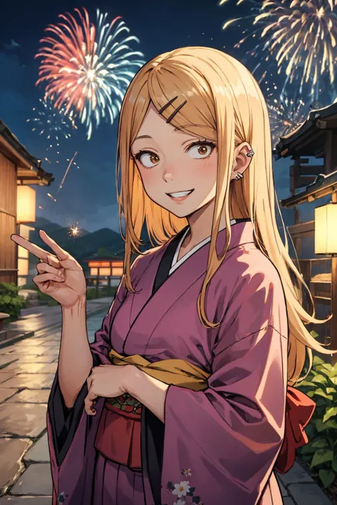 masterpiece,best quality,highres,ultra-detailed,bbsaya,sanpaku,long hair,parted bangs,hairclip,ear piercing,small ,<lora:endou_saya:0.8>,outdoors,cowboy shot,smile, garden, portrait , grin, ,parted lips, firework, japanese festival,