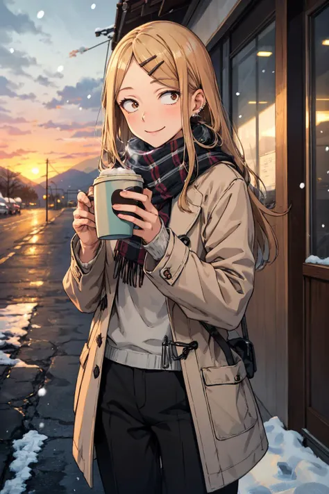 masterpiece,best quality,highres,ultra-detailed,bbsaya,sanpaku,long hair,parted bangs,hairclip,ear piercing,small scarf, winter coat, pants, holding, coffee cup, outdoors, sunrise, overcast, snowing, sidewalk,,<lora:endou_saya:0.8>,outdoors,cowboy shot,smile,