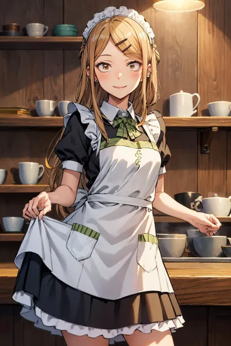 masterpiece,best quality,highres,ultra-detailed,aasaya,sanpaku,long hair,hairclip,parted bangs,ear piercing,small breasts,<lora:endou_saya:0.8>,indoors,cafe,maid,maid headdress,apron,(skirt hold:1.2),standing,cowboy shot,smile,
