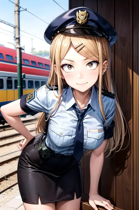 (masterpiece, best quality, detailed), 1girl, solo, looking at viewer, aasaya, (sanpaku), long hair, parted bangs, hairclip, ear piercing, small breasts,
policewoman, police uniform, police hat, necktie, pencil skirt, armband, holster, indoors, train station, people, scenery, leaning forward, hanging breasts, smile, closed mouth, v-shaped eyebrows, smirk