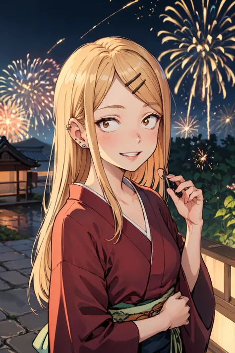 masterpiece,best quality,highres,ultra-detailed,bbsaya,sanpaku,long hair,parted bangs,hairclip,ear piercing,small ,<lora:endou_saya:0.8>,outdoors,cowboy shot,smile, garden, portrait , grin, ,parted lips, firework, japanese festival,
