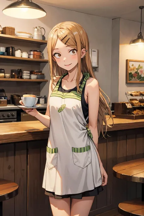 masterpiece,best quality,highres,ultra-detailed,aasaya,sanpaku,long hair,hairclip,parted bangs,ear piercing,small breasts,<lora:endou_saya:0.8>,indoors,cafe,aasaya,sanpaku,long hair,parted bangs,hairclip,ear piercing,small breasts,(apron:1.2),tank top,black shirt,sleeveless,skirt,boots,brown footwear),standing,cowboy shot,smile,