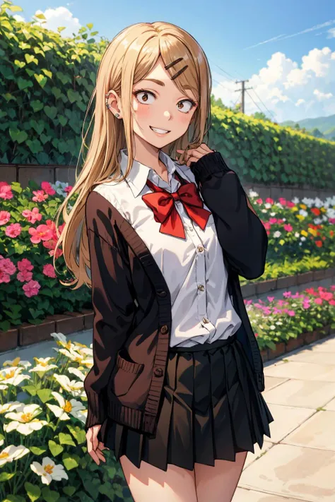 masterpiece,best quality,highres,ultra-detailed,bbsaya,sanpaku,long hair,parted bangs,hairclip,ear piercing,small ,<lora:endou_saya:0.8>,outdoors,cowboy shot,smile, garden, portrait , grin, black skirt, bow, brown cardigan, cardigan, collared shirt, eyebrows visible through hair, hair between eyes, hair over shoulder, long hair, long sleeves, pleated skirt, red bow, red bowtie, school uniform, shirt, skirt, sleeves past wrists, white shirt