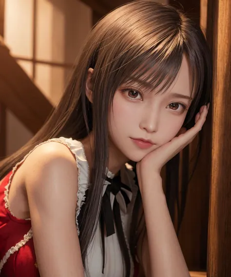 photorealistic,best quality,realistic, masterpiece, an extremely delicate and beautiful, CG,extremely detailed ,highres, extremely detailed,depth of field,
1girl, tifa_lockhart,beautiful detailed girl,upper body, looking at viewer,black_hair, long_hair,red eyes,( blouse),bow,armlet,
beautiful detailed red eyes, light on face,