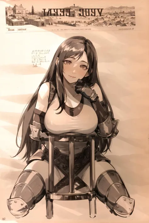 Highly detailed, High Quality, Masterpiece, beautiful, sharp focus, shiny skin, best quality, perfect anatomy:1.4, high detailed, 8k, highres, lineart, sketch, (masterpiece:1.4), (highest quality:1.4), (sharp focus:1.2), (colored:1.3), (digital painting:1.1), 8k wallpaper, (tight gap:1.2), (detailed face and eyes:1.15), (1girl, solo:1.4), long hair, breasts, large breasts, gloves, elbow gloves, tank top, elbow pads, tifa lockhart, <lora:Char_FF7Remake_Tifa:0.75>, smile, blush, naughty face, female focus, looking at viewer, sitting backwards, sitface, <lora:Pos_SittingBackwards:1>, (npzw, text, sepia, monochrome:1.3), <lora:Style_OldNewspaper:1.2>, upper body,