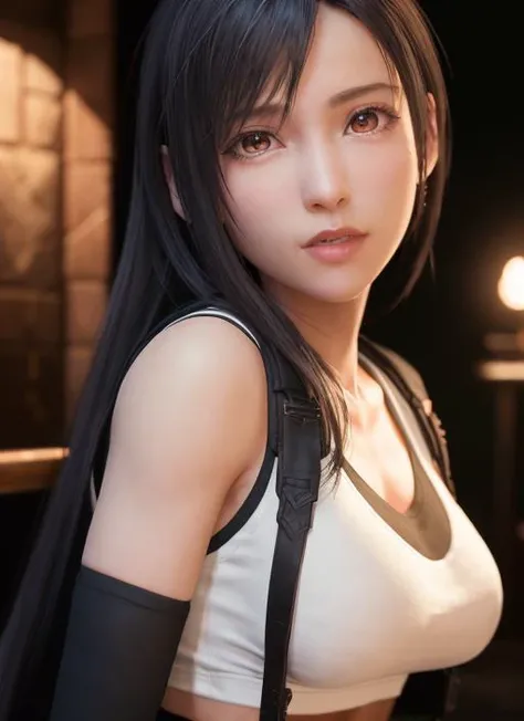 8k, RAW photo, best quality, ultra high res, photorealistic,
1girl, thigh, red hair, earrings, necklace, grin, eyelashes,beauty breast, spread legs,cinematic lighting,  depth of field, tifa_lockhart, huge breasts,  red eyes,  upper body portrait