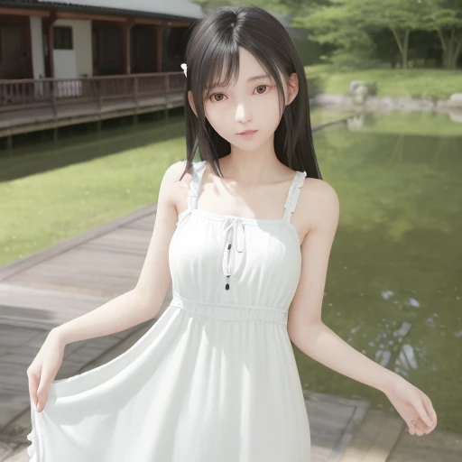 absurdres, masterpiece, best quality, high quality, 8k uhd, professional photo shoot,
beautiful, girl, cute, lovely, young, pure innocent, japanese idol, 

This is a photo with serious depth of field.
In the center of the photo is the whole body of a girl.
She was a young girl, only 16, with a slender figure.
She is very lovely, with a fair and smooth face.
Her middle hair is black.
She looks at the camera with her big watery eyes and a gentle smile.
She was wearing a (white sun dress:1.4).
Her skin was as pale as porcelain.
She is as delicate and beautiful as a doll.


 <lora:tifaMeenow_tifaV1:0.65>