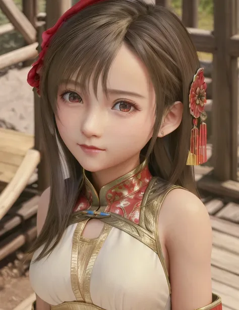 1girl, masterpiece,best quality,official art,extremely,detailed cg 8k wallpaper, full body, beautiful face, female child, cute, lovely, young, pure innocent, extremely detailed eyes and face, ((looking at viewer)), outdoors,  light on face, cinematic lighting,  beautiful detailed red eyes, ((chinese clothes)),   light smile,