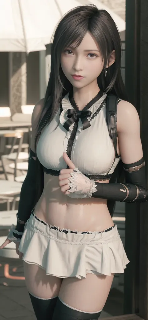 ff7r style,1girl, (TIFA:1.2), masterpiece,best quality,8K wallpaper,(realistic:1.3),photorealistic, octane render,(hyperrealistic:1.2), ultra-detailed,best illumination,best shadow, an extremely delicate and beautiful,A full-body portrait of the person in the center, the background has depth, and the fingers of the person are normal, panties slightly exposed,1girl,solo,long hair,hair accessories,White skirt frilled dress,black silk stockings,looking at viewer,, <lora:tifaMeenow_tifaV2:1>, <lora:japaneseDollLikeness_v10:0.3>