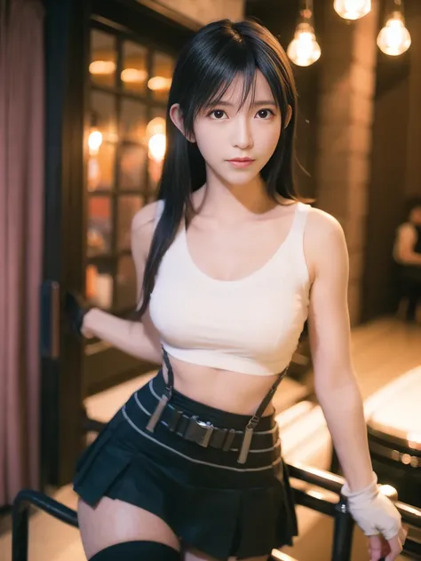 8k, best quality, masterpiece:1.2), (realistic, photo-realistic:1.37), ultra-detailed, 1 girl,cute, solo, (tifa lockhart), (small breasts),(beautiful detailed eyes), (closed mouth),  pose, dancing, neon lights, cityscape, depth of field, dark intense shadows, sharp focus, cars, motion blur, motor bikes, depth of field, good composition, green glowing light, Final Fantasy VII, dating,(nose blush), single elbow pad, ankle boots, black hair, black skirt, black thighhighs, red boots, elbow gloves, elbow pads, fingerless gloves, taut shirt, sports bra, (suspender black skirt), thighhighs, white tank top, full body, head rest, lips, pretty face, low-tied long hair, ((red_eyes)), yellow flowers, (night:1.3), intricate, bokeh, cinematic lighting, photon mapping, radiosity, physically-based rendering, (Tetsuya Nomura style)