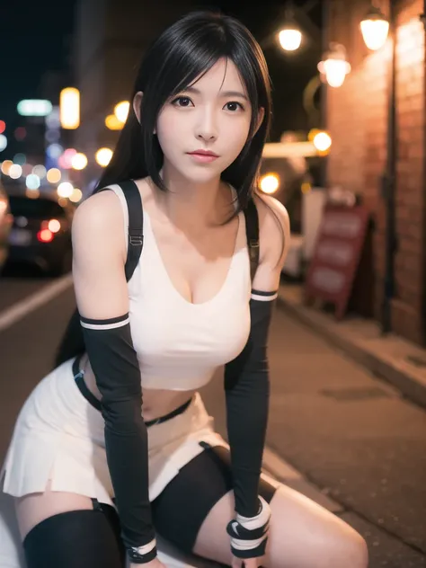 8k, best quality, masterpiece:1.2), (realistic, photo-realistic:1.37), ultra-detailed, 1 girl,cute, solo, (tifa lockhart), (small breasts),(beautiful detailed eyes), (closed mouth), erotic pose, dancing, neon lights, cityscape, depth of field, dark intense shadows, sharp focus, cars, motion blur, motor bikes, depth of field, good composition, green glowing light, Final Fantasy VII, dating,(nose blush), single elbow pad, ankle boots, black hair, black skirt, black thighhighs, red boots, elbow gloves, elbow pads, fingerless gloves, taut shirt, sports bra, (suspender black skirt), thighhighs, white tank top, full body, head rest, lips, pretty face, low-tied long hair, ((red_eyes)), yellow flowers, (night:1.3), intricate, bokeh, cinematic lighting, photon mapping, radiosity, physically-based rendering, (Tetsuya Nomura style)