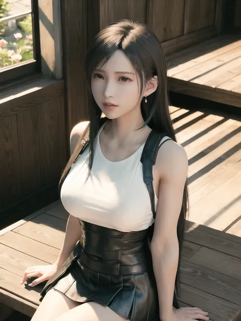 ff7r style,1girl, (TIFA:1.2),
masterpiece,best quality,8K wallpaper,(realistic:1.3),photorealistic, octane render,(hyperrealistic:1.2), ultra-detailed,best illumination,best shadow, an extremely delicate and beautiful,full body, 1girl,solo,long hair,hair accessories,frilled dress,black silk stockings,Martin boots, looking at viewer,in sanctum,flower branch,sunlight, <lora:koreanDollLikeness_v15:0.4>,  <lora:tifaMeenow_tifaV2:0.6>