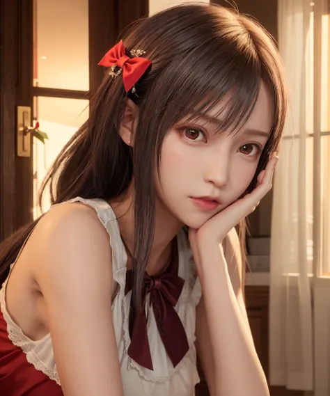 photorealistic,best quality,realistic, masterpiece, an extremely delicate and beautiful, CG,extremely detailed ,highres, extremely detailed,depth of field,
1girl, tifa_lockhart,beautiful detailed girl,upper body, looking at viewer,black_hair, long_hair,red eyes,( blouse),bow,
beautiful detailed red eyes, light on face,