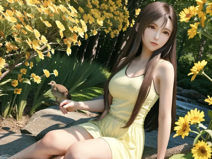 dreamy, full body, (1girl),realistic, intricate details,shiny eyes,beautiful detailed eyes,elegant eyelashes,beautiful detailed face,(an extremely delicate and beautiful) , studio photography ,hair hangs down to the shoulder, eyes visible through hair ,eyelashes covered by hair, chromatic aberration, cinematic light, finely detailed face),disheveled hair,cherry blossom trees, tulips, sunflowers, ((green trees)),bird, squirrels, butterfly, rabbit, sheep, sky with lots of clouds, forests, rivers, small hills, lakes, soft and bright light, morning sunshine, yellow sun, outdoor concerts, <lora:koreanDollLikeness_v15:0.4> <lora:tifaMeenow_tifaV2:0.8>