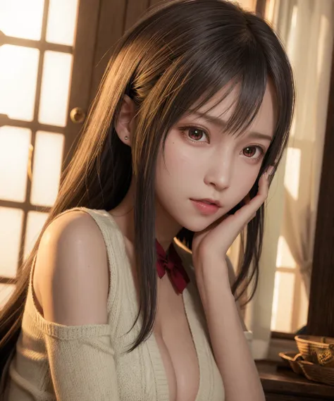 photorealistic,best quality,realistic, masterpiece, an extremely delicate and beautiful, CG,extremely detailed ,highres, extremely detailed,depth of field,
1girl, tifa_lockhart,beautiful detailed girl,upper body, looking at viewer,black_hair, long_hair,red eyes,(open-chest sweater),bow,
beautiful detailed red eyes, light on face,