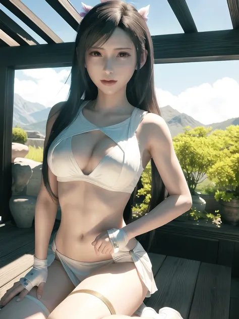 ff7r style,1girl, (TIFA:1.2),
masterpiece,best quality,8K wallpaper,(realistic:1.3),photorealistic, octane render,(hyperrealistic:1.2), ultra-detailed,best illumination,best shadow, an extremely delicate and beautiful,full body, 1girl,solo,long hair,hair accessories,frilled dress,black silk stockings,Martin boots, looking at viewer,in sanctum,flower branch,sunlight, <lora:koreanDollLikeness_v15:0.4>,  <lora:tifaMeenow_tifaV2:0.6>, ((small breasts))