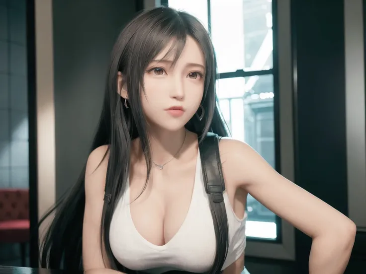ff7r style,1girl, (TIFA:1.2),solo, long hair, earrings, jewelry red eyes,no puffy eyes,black hair, looking at viewer, realistic,parted lips, tank top, swept bangs, lips, portrait, suspenders, bare shoulders, red eyes,,bangs, ((masterpiece)), <lora:koreanDollLikeness_v10:0.4>, <lora:tifaMeenow_tifaV2:0.6>
