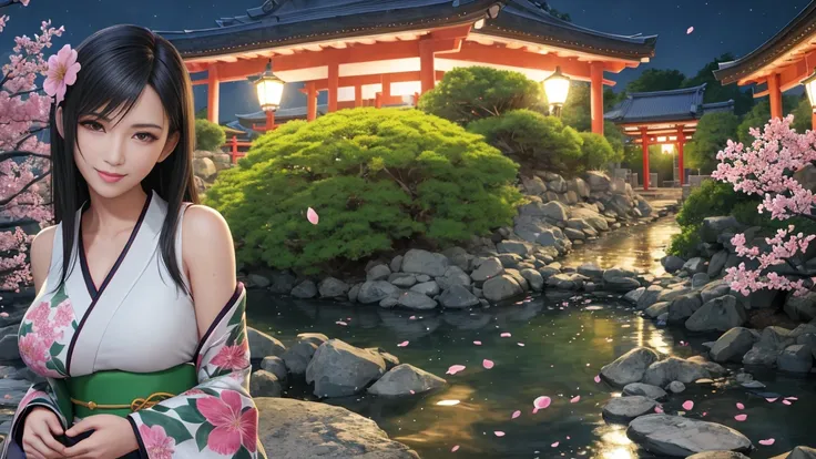 masterpiece, ultra-high quality, best quality, ultra-high resolution, 8K resolution, extremely high detail, (photorealistic:1.6), intricate, 1girl, focus on one, (high detailed face:1.4),black hair, long hair, grey eyes, smiling, (looking back), in gorgeous kimono, decorative patten on kimono, large breasts, slim waist, in traditional japanese garden, cherry blossoms, falling petals of cherry flowers, shrine, torii, night <lora:tifaMeenow_tifaV1:0.9>, full body