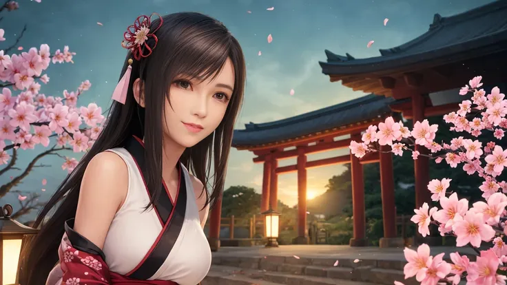 masterpiece, ultra-high quality, best quality, ultra-high resolution, 8K resolution, extremely high detail, (photorealistic:1.6), intricate, 1girl, focus on one, (high detailed face:1.4),black hair, long hair, grey eyes, smiling, (looking back), in gorgeous kimono, decorative patten on kimono, large breasts, slim waist, in traditional japanese garden,  cherry blossoms, falling petals of cherry flowers, shrine, torii, night <lora:tifaMeenow_tifaV1:0.9>, full body