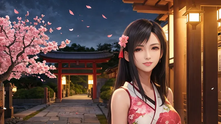 masterpiece, ultra-high quality, best quality, ultra-high resolution, 8K resolution, extremely high detail, (photorealistic:1.6), intricate, 1girl, focus on one, (high detailed face:1.4),black hair, long hair, grey eyes, smiling, (looking back), in gorgeous kimono, decorative patten on kimono, large breasts, slim waist, in traditional japanese garden,  cherry blossoms, falling petals of cherry flowers, shrine, torii, night <lora:tifaMeenow_tifaV1:0.9>, full body