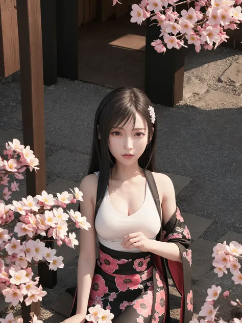 (photorealistic:1.4), best quality, realistic, masterpiece, an extremely delicate and beautiful, CG,extremely detailed ,highres, extremely detailed, 1girl, (adult, solo,) tifa_lockhart,beautiful detailed girl,full body, realistic, japanese clothese, kimono, miko, beautiful detailed red eyes, light on face, cinematic lighting, flower bed in the background, falling sakura blossoms, camera f1.6 lens, <lora:koreanDollLikenesss_v10:0.35><lora:tifaMeenow_tifaV2:0.7>