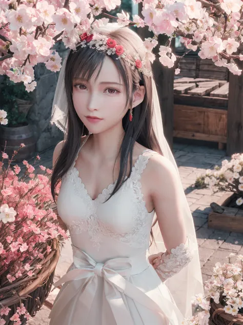 (best quality, masterpiece:1.2), (realistic, photorealistic:1.25), an extremely delicate and beautiful photo, extremely detailed, highres, solo, 1 lady, tifa lockhart, (young beauty, adult,) blush, little cute face, arms behind back, (beautiful detailed (red:1.1) eyes,) beautiful detailed face and skin, style-bridal, beautiful detailed wedding dress, (full shot:1.1), (cowboy shot), (full body:1.2, partially immersed in flower, ), natureal light reflection, professional studio lighting, soft light on the face, camera 50mm f0.8 lens, depth of field, lifelike, colorful flower bed in the background, falling sakura blossoms, <lora:tifaMeenow_tifaV2:0.75>, <lora:koreanDollLikenesss_v10:0.4>,