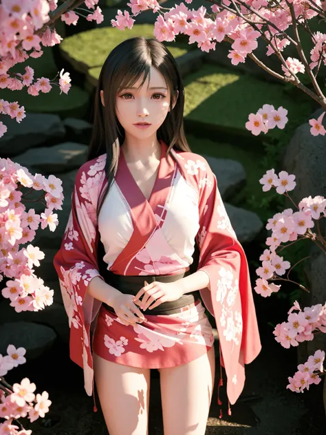 (photorealistic:1.4), best quality, realistic, masterpiece, an extremely delicate and beautiful, CG,extremely detailed ,highres, extremely detailed, 1girl, (adult, solo,) tifa_lockhart,beautiful detailed girl,full body, realistic, japanese clothese, kimono, miko, beautiful detailed red eyes, light on face, cinematic lighting, flower bed in the background, falling sakura blossoms, camera f1.6 lens, <lora:koreanDollLikenesss_v10:0.35><lora:tifaMeenow_tifaV2:0.7>