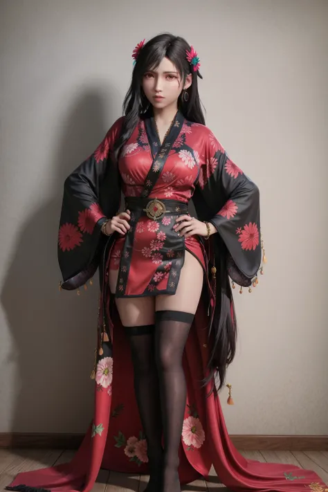 photorealistic,best quality,realistic, masterpiece, an extremely delicate and beautiful, CG,extremely detailed ,highres, extremely detailed,depth of field, whole body,
1girl, tifa_lockhart,beautiful detailed girl, large breasts,realistic, ((kimono)),black_hair, long_hair,red eyes,
Necklace,earrings,jewelry,
shirt with complex pattern, skirt,(Patterned stockings),
model pose,
beautiful detailed red eyes, light on face, <lora:tifaMeenow_tifaV2:0.9>,SFW, <lora:hipoly3DModelLora_v10:0.5>