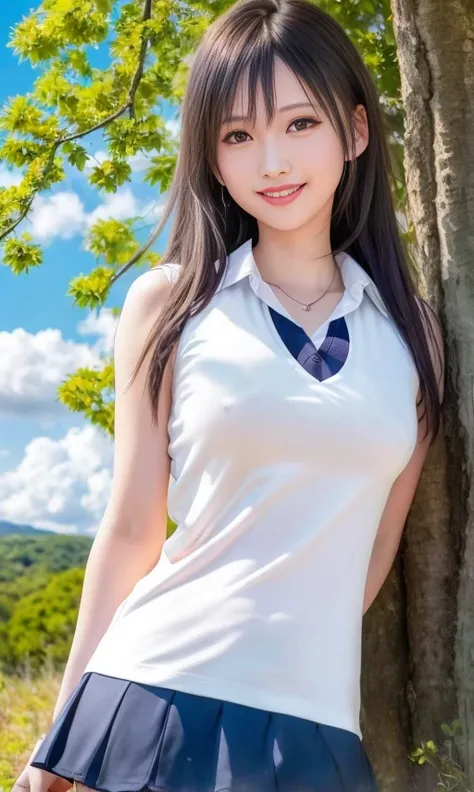 (8k, best quality, masterpiece:1.2), (realistic, photo-realistic:1.37), ultra-detailed, solo,(nose blush),(smile:1.15), small breasts,beautiful detailed eyes,crotchless panties,(collared shirt:1.1), [night],straight-on,blue sky with clouds,miniskirt, forest, messy hair,pov hands