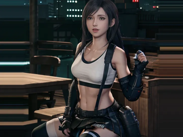 masterpiece, best quality, masterpiece,best quality,official art,extremely detailed CG unity 8k wallpaper, nsfw,tifa lockhart, final fantasy vii remake, 1girl, ankle boots, black hair, black skirt, black thighhighs, boots, breasts, cityscape, crop top, elbow gloves, elbow pads, fingerless gloves, full body, gloves, head rest, lips, long hair, dynamic pose,standing, low-tied long hair, medium breasts, nose, red eyes, red footwear, signature, single elbow pad, sitting, skirt, solo, sports bra, suspender skirt, suspenders, tank top, thighhighs, white tank top, midgar, green light, night, yellow flowers,  <lora:tifaMeenow_tifaV2:0.6>,  <lora:chineseCosplayerXiaorouseeu_v10:0.86>