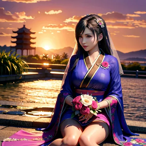 <lora:tifaMeenow_tifaV2:0.8>,(RAW photo:1.4), (photorealistic:1.7),(intricate details:1.2),(masterpiece:1.3),(best quality:1.4), (ultra highres:1.2), Beautiful face, upon_body, tyndall effect, atmospheric perspective, dark studio, rim lighting, two tone lighting,(high detailed skin:1.2), 8k uhd, dslr, soft lighting, high quality, volumetric lighting, candid, Photograph, high resolution, 4k, 8k, Bokeh, with a sinister castle looming in the distance, castle background, beautiful castle background, sunset, ((detailed wedding veil with flowers)), kimono, japanese kimono, sitting down, sitting, outdoors, outside