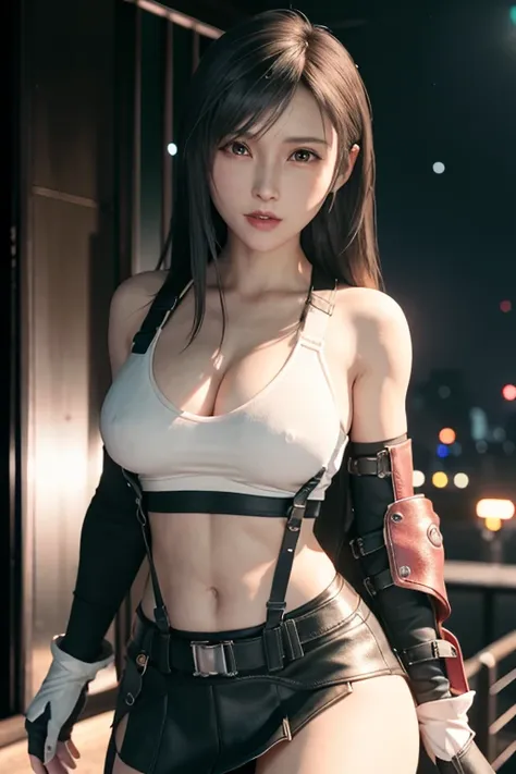 <lora:tifaMeenow_tifaV1:0.5>, <lora:koreanDollLikeness_v10:0.2>, (8k, best quality, masterpiece:1.2), (realistic, photo-realistic:1.37), ultra-detailed, 1 girl,cute, solo, (tifa lockhart), (huge breasts),(beautiful detailed eyes), (smile:1.2), (closed mouth), erotic pose, dancing, neon lights, cityscape, depth of field, dark intense shadows, sharp focus, cars, motion blur, motor bikes, depth of field, good composition, green glowing light, Final Fantasy VII, dating,(nose blush), single elbow pad, ankle boots, black hair, black thighhighs, red boots, elbow gloves, elbow pads, fingerless gloves, taut shirt, sports bra, (suspender black skirt), thighhighs, white tank top, full body, head rest, lips, pretty face, low-tied long hair, ((red_eyes)), yellow flowers, (night:1.3), intricate, bokeh, cinematic lighting, photon mapping, radiosity, physically-based rendering, (Tetsuya Nomura style), nsfw, perfect breasts