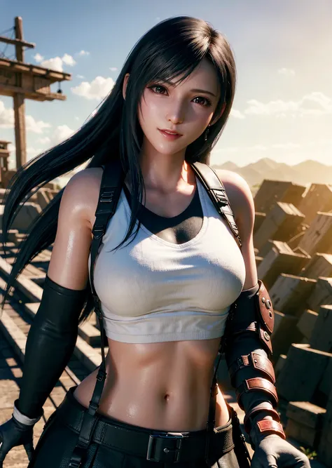 (photorealistic:1.4), best quality, an extremely delicate and beautiful ,highres, 1girl, tifa_lockhart, smile, full body, suspender skirt, tank top, taut shirt, black hair, long hair,elbow gloves, beautiful detailed red eyes, light on face, cinematic lighting, <lora:tifaMeenow_tifaV1:0.65>